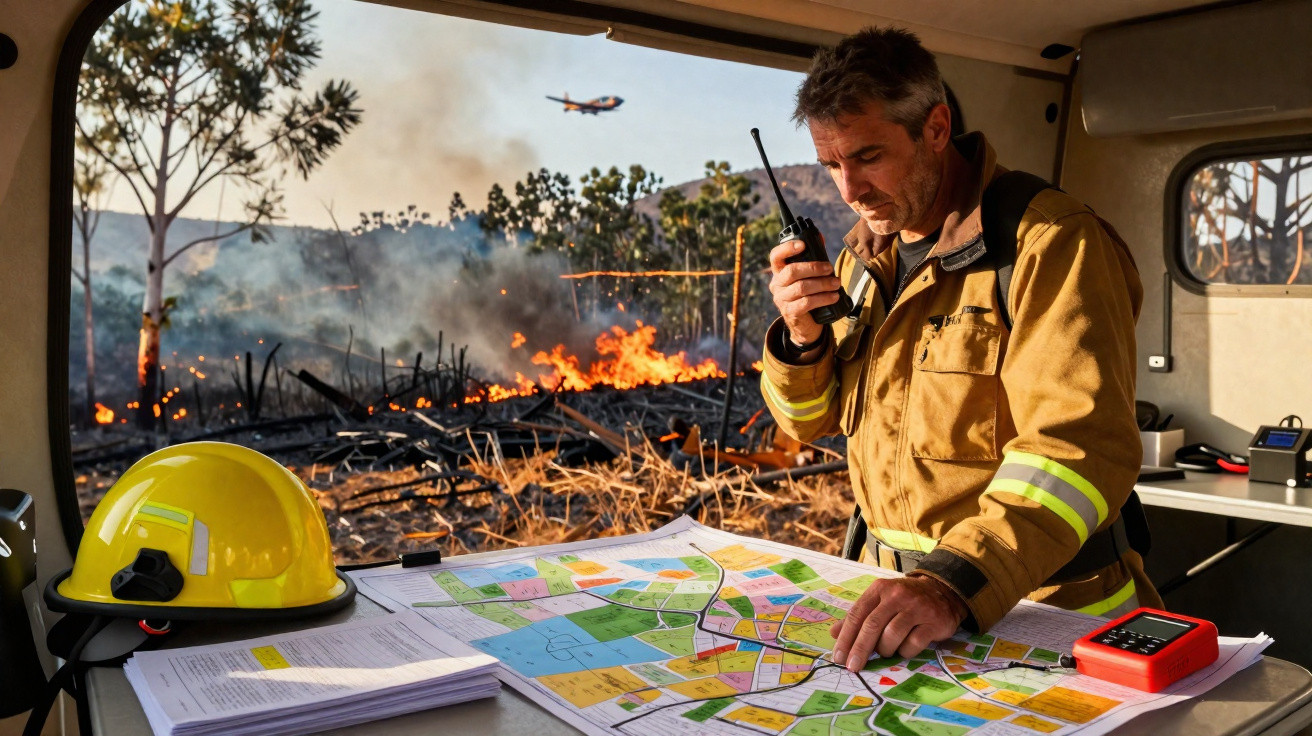 Pompier en tenue communiquant au talkie-walkie devant un feu de forêt, avec une carte sur une table.