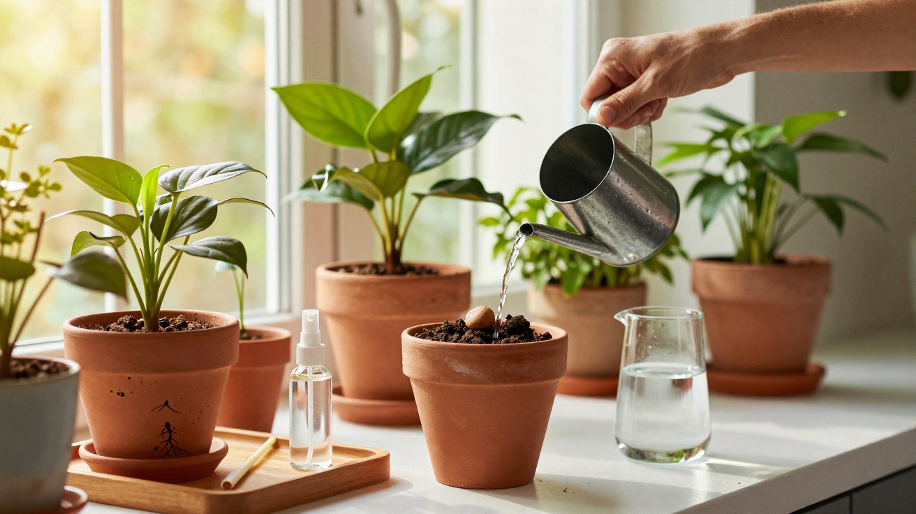 Main arrosant une plante en pot sur un rebord de fenêtre avec plusieurs autres plantes en arrière-plan.