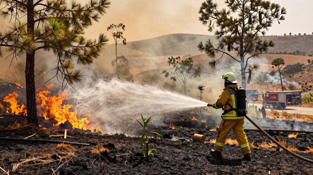 Un pompier en tenue jaune combat un feu de forêt avec un jet d'eau puissant dans un paysage brûlé.