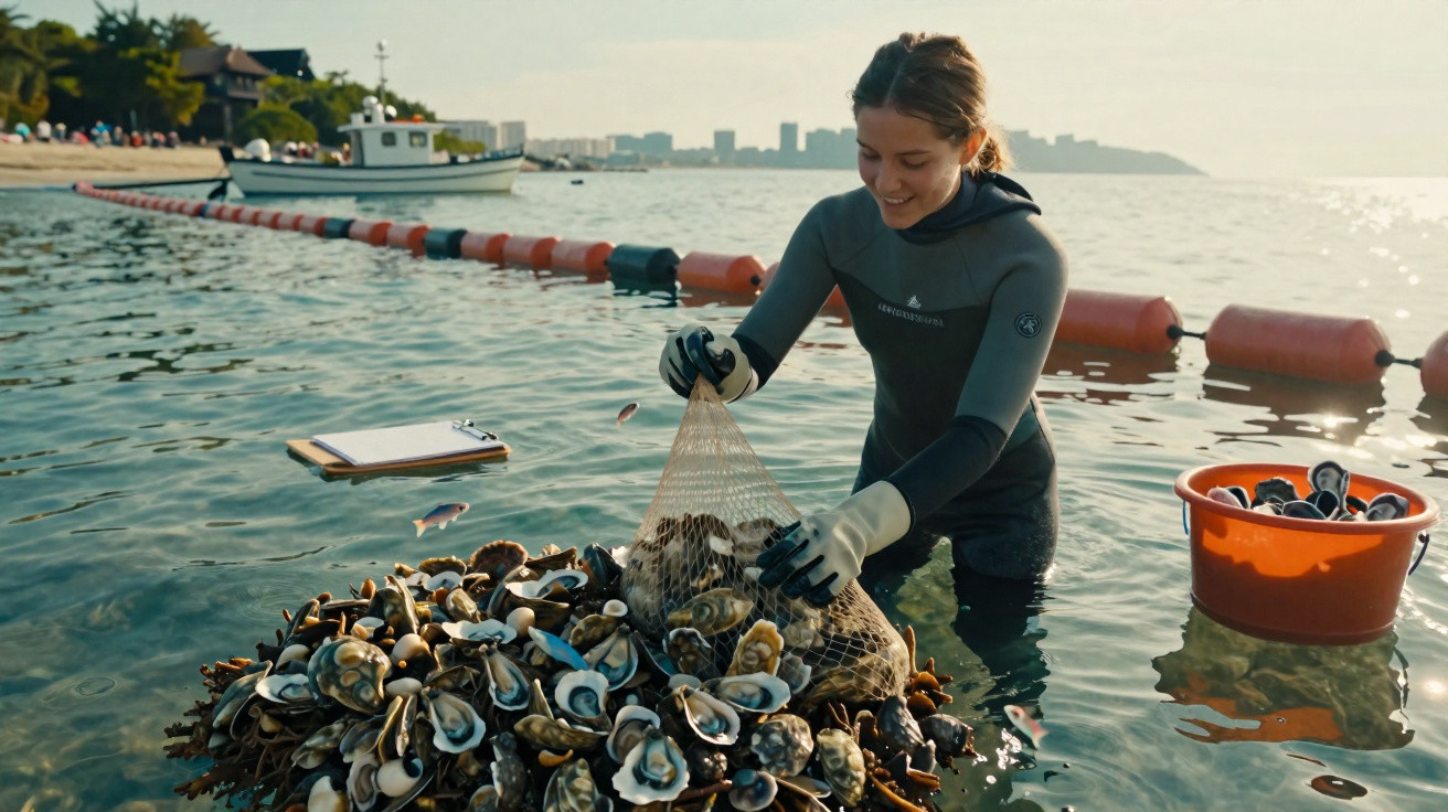 Plongeuse récoltant des coquillages dans l'eau près de la côte au lever du soleil.