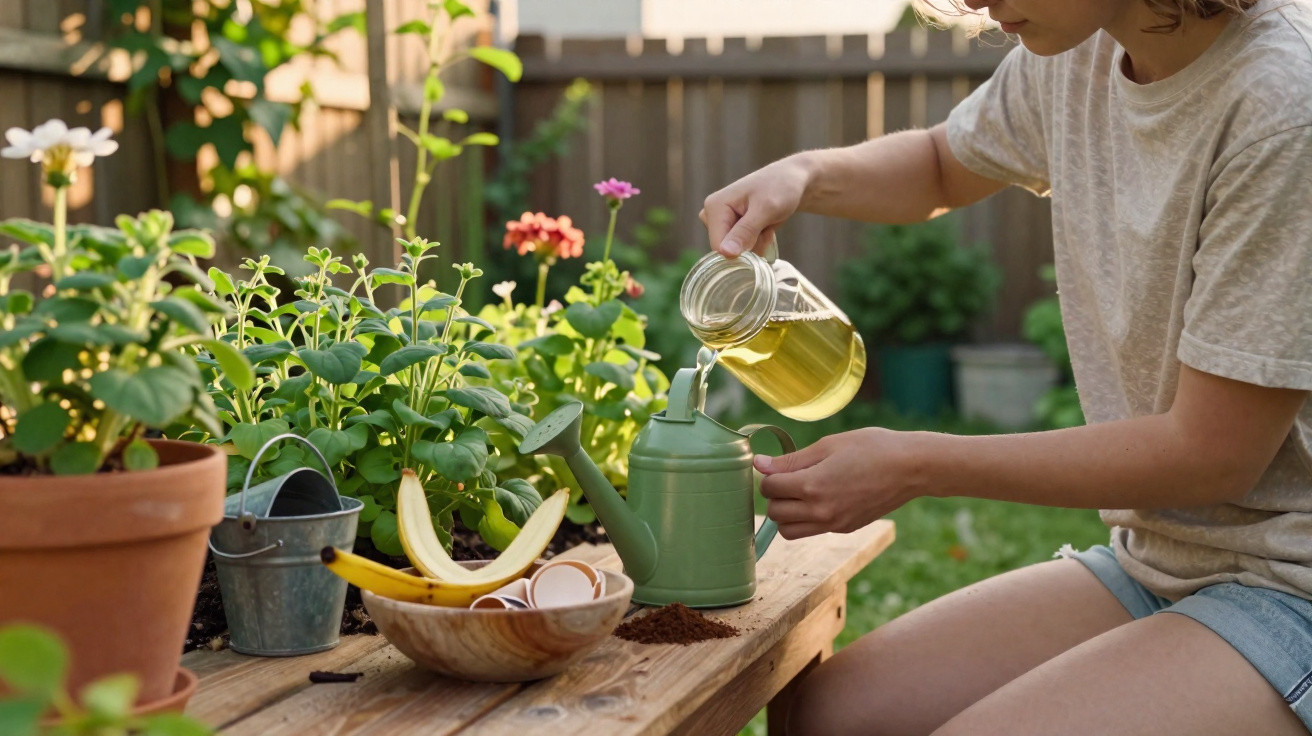 Jeune femme versant de l'eau dans un arrosoir vert près de plantes en pot sur une table en bois.