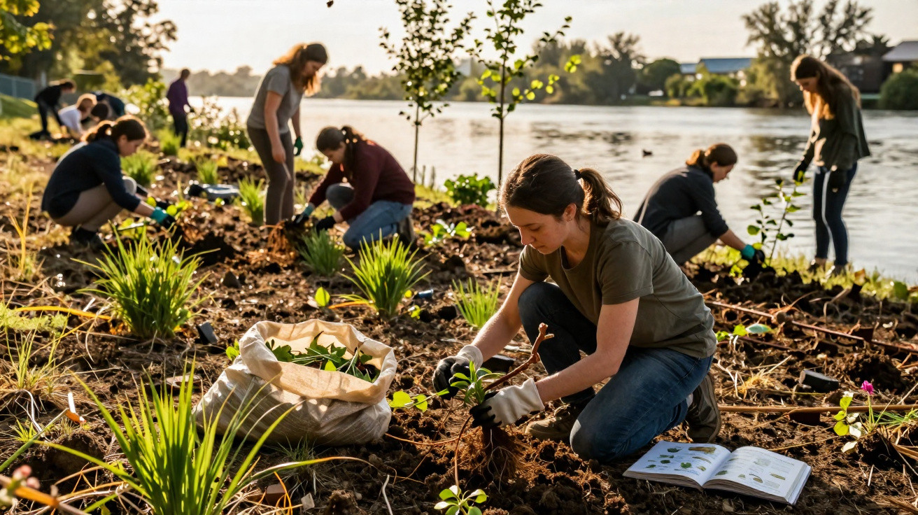Groupe de personnes plantant des arbres et des plantes au bord d'un lac par une journée ensoleillée.