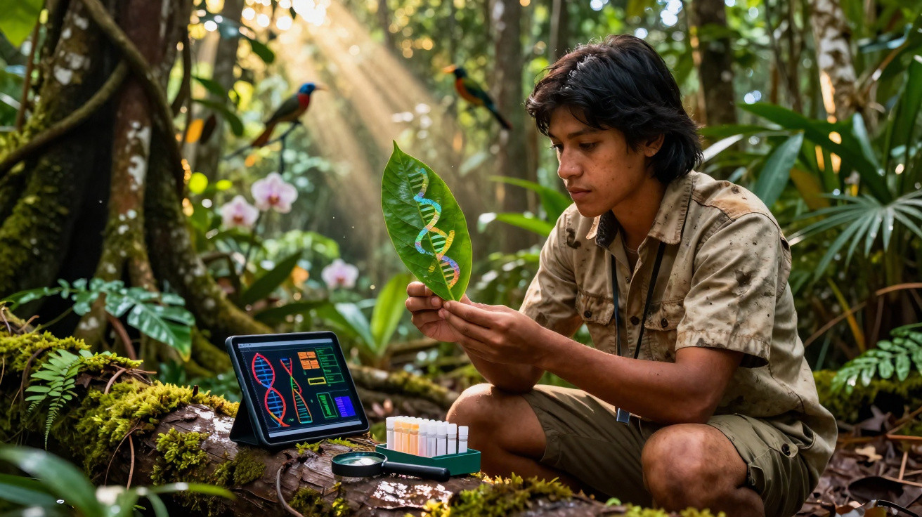 Jeune homme étudiant l'ADN sur une feuille dans la forêt avec tablette et outils de laboratoire.