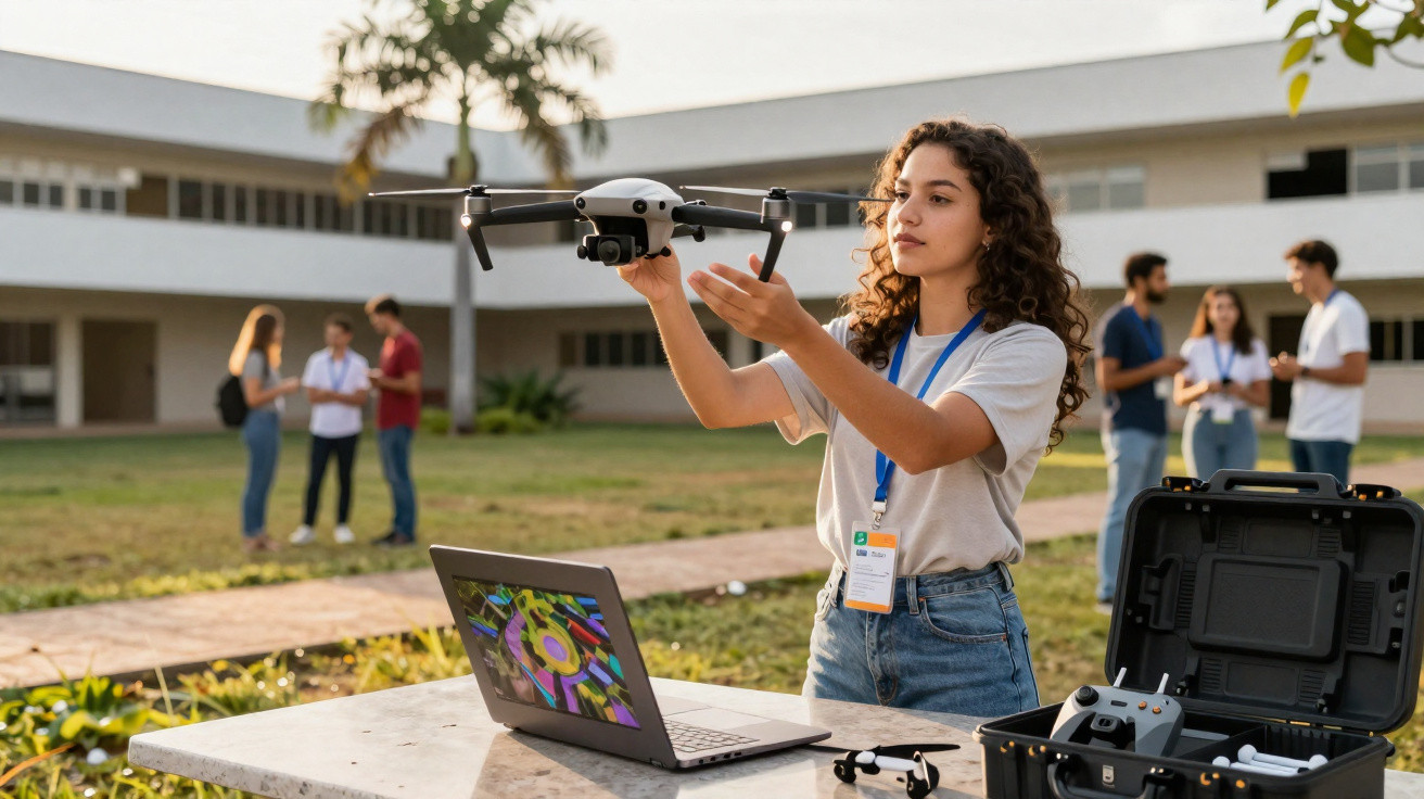 Jeune femme manipulant un drone près d'un ordinateur portable et d'un boîtier ouvert en extérieur.