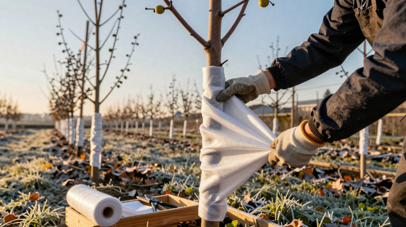 Une personne enveloppe le tronc d'un jeune arbre avec un tissu protecteur dans un verger au lever du jour.