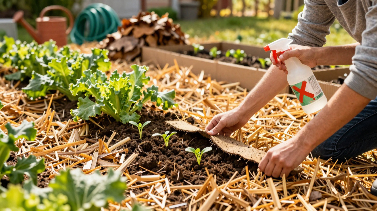 Personne arrosant et couvrant des jeunes plants dans un jardin potager avec paille comme paillage.