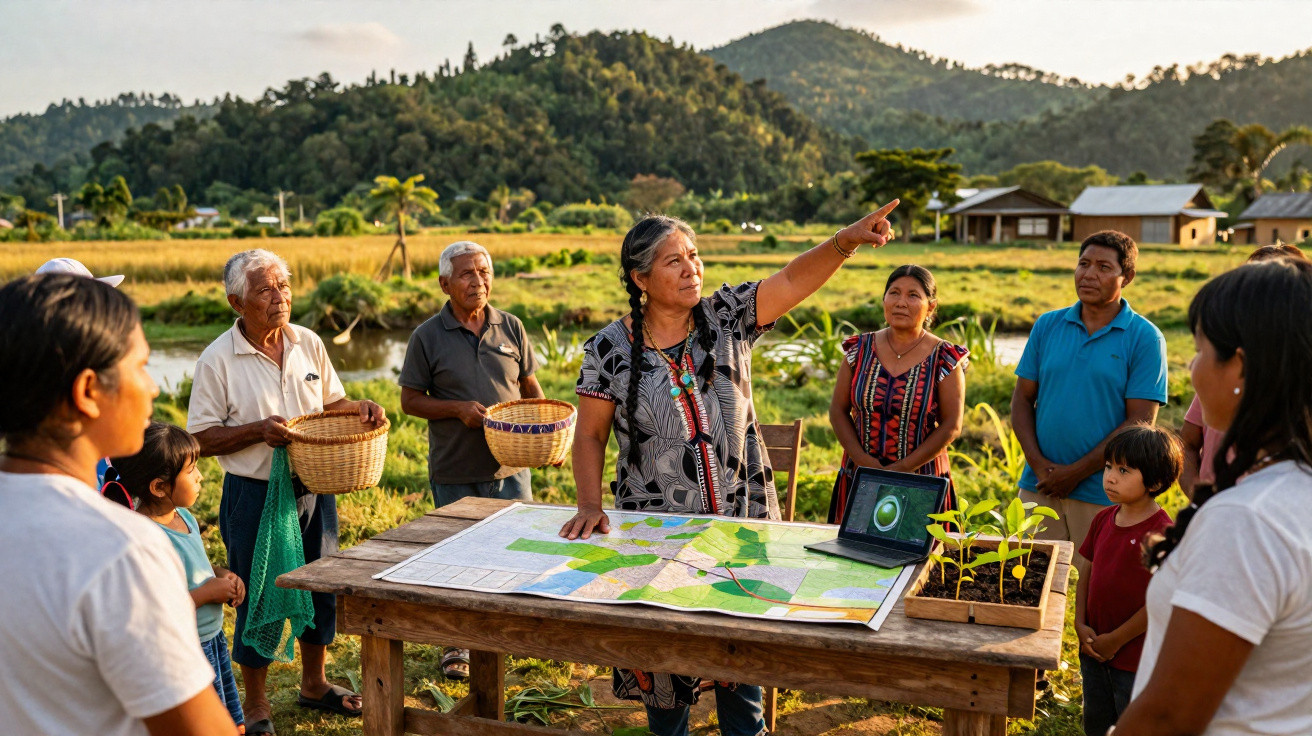 Groupe de personnes indigènes discutant d’un projet agricole autour d’une carte sur une table en plein air.