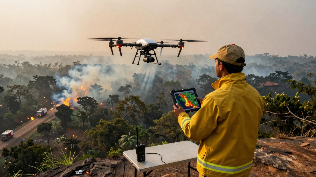 Un pompier contrôle un drone équipé d’une caméra thermique au-dessus d’une forêt en feu.