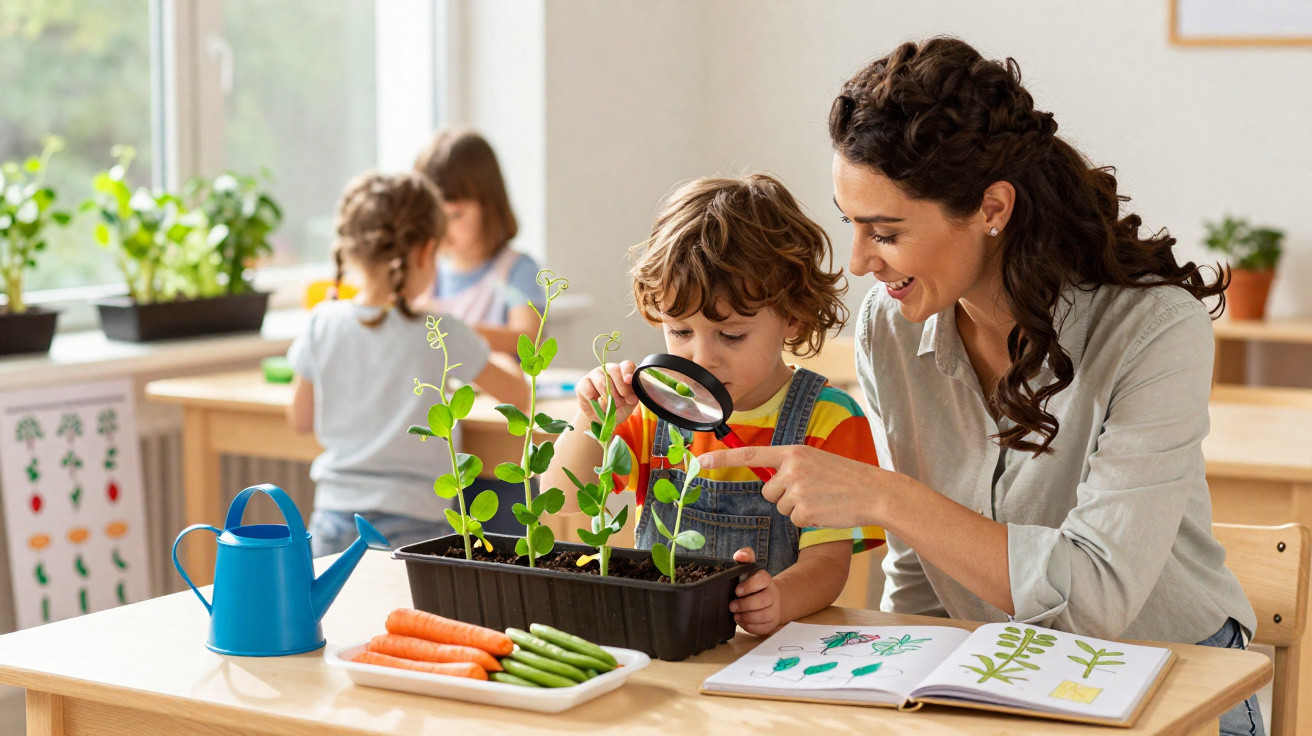 Enfant observant des plantes avec une loupe, accompagné d’une enseignante dans une classe lumineuse.