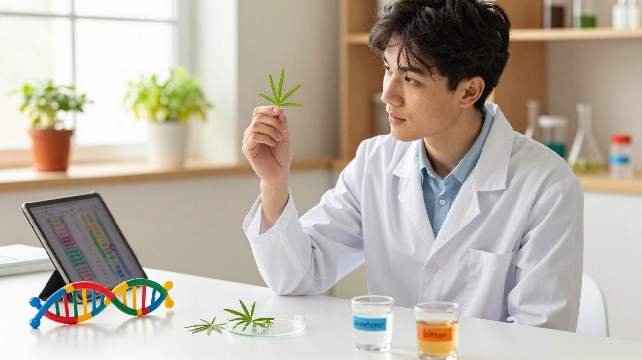 Chercheur en blouse blanche examinant une feuille de plante dans un laboratoire lumineux.