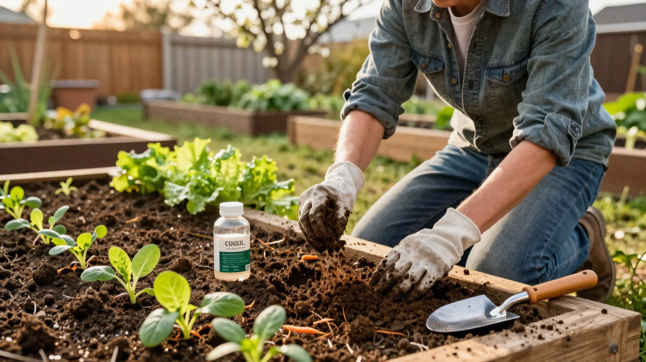 Personne jardinant dans un potager surélevé avec des plants verts et des gants de travail blancs.
