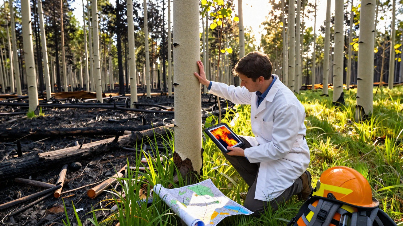 Scientifique en blouse blanche examine un arbre dans une forêt partiellement brûlée avec une tablette et une carte.