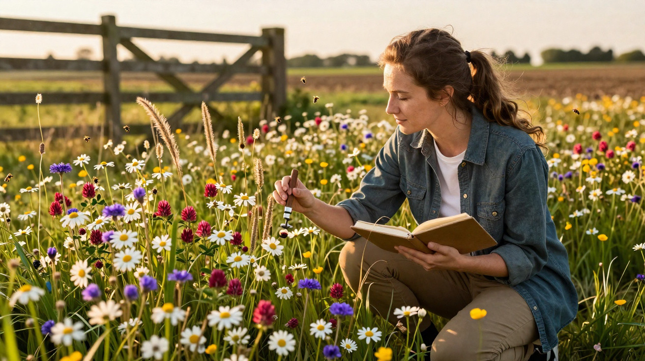 Femme prenant des notes en observant des fleurs sauvages colorées dans un champ au coucher du soleil.
