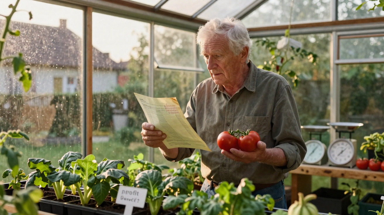 Homme âgé dans une serre tenant des tomates et lisant une liste parmi des plantes potagères en pleine croissance.