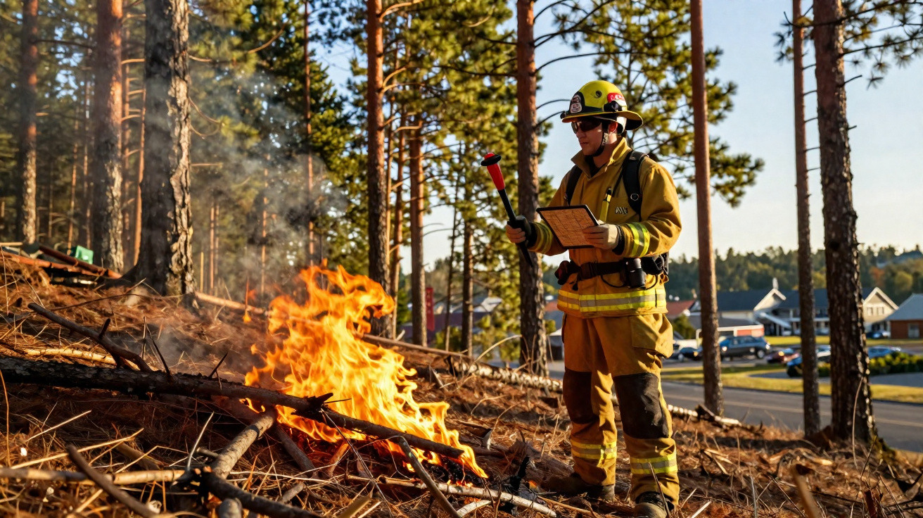 Pompier en tenue complète surveillant un feu de forêt dans une zone boisée près d’un village.