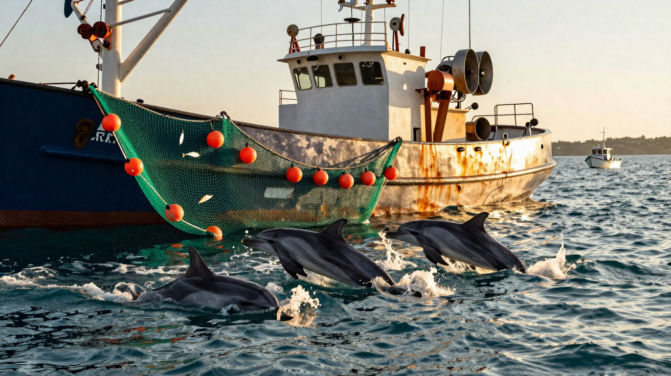 Trois dauphins sautant dans l'eau près d'un bateau de pêche avec un filet de pêche flottant.