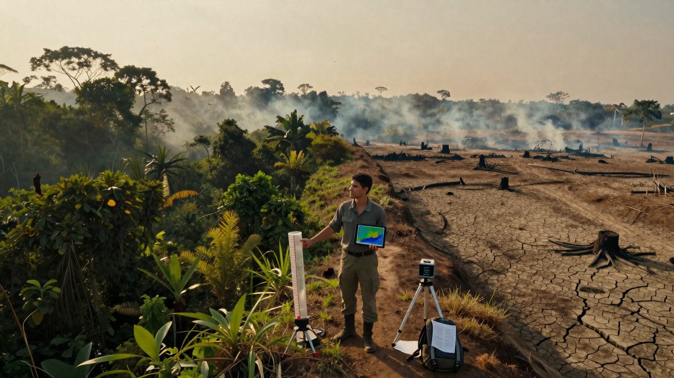 Un scientifique mesure la déforestation avec des appareils près d'une forêt brûlée et un sol craquelé.