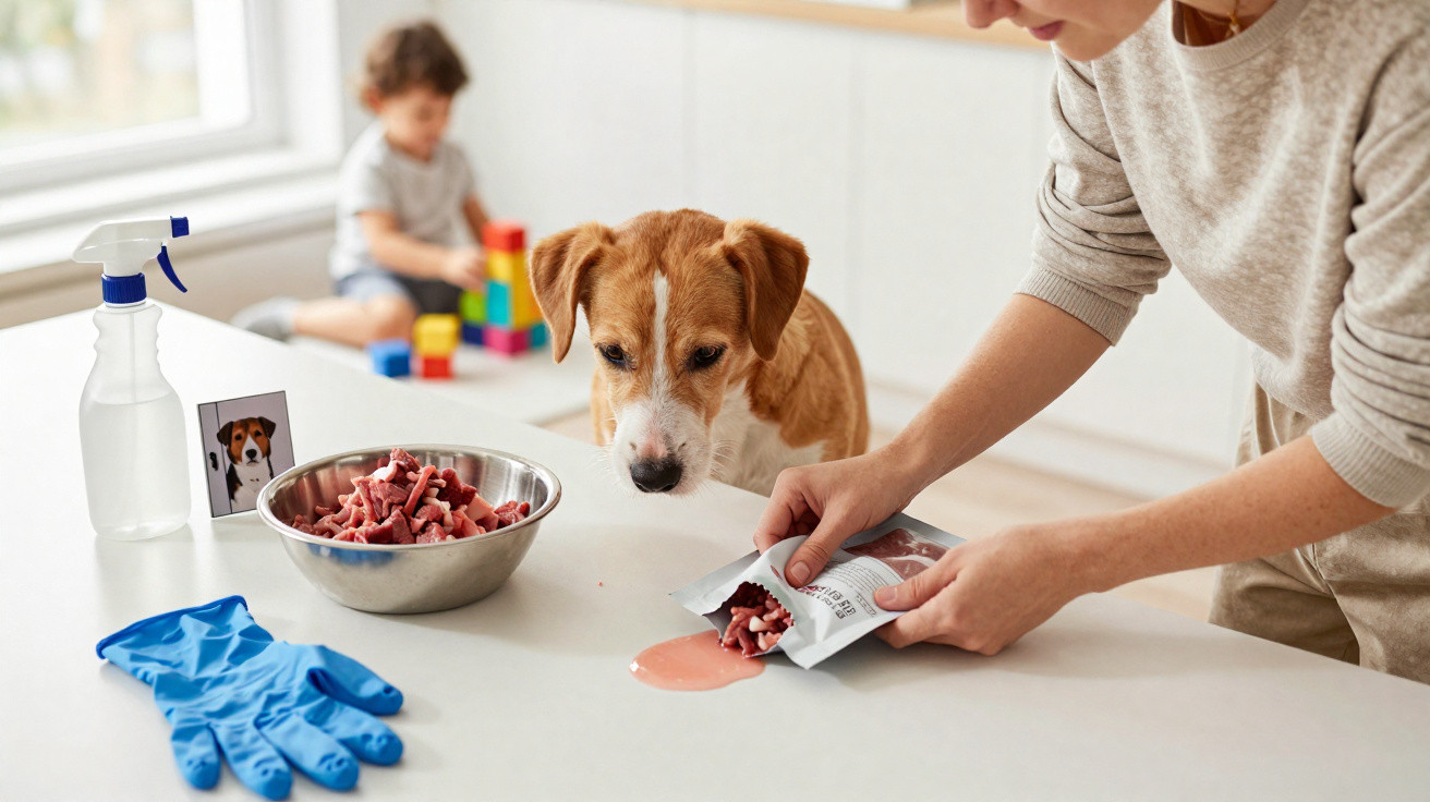 Une personne verse de la nourriture pour chien devant un chien attentif, un enfant joue en arrière-plan.