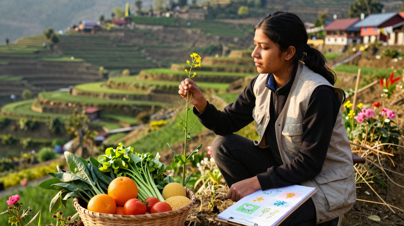 Jeune femme observant une plante dans un champ en terrasses, avec un panier de légumes et un carnet de dessins.