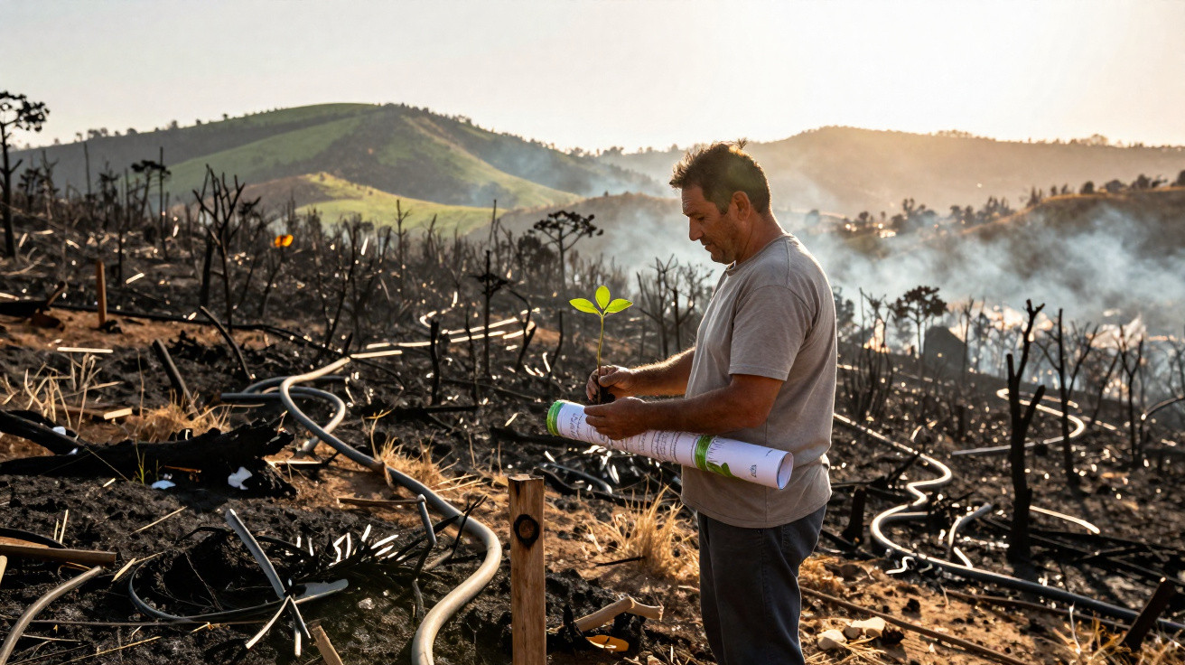 Homme plantant un jeune arbre dans une terre brûlée, paysage fumant et collines verdoyantes en arrière-plan.
