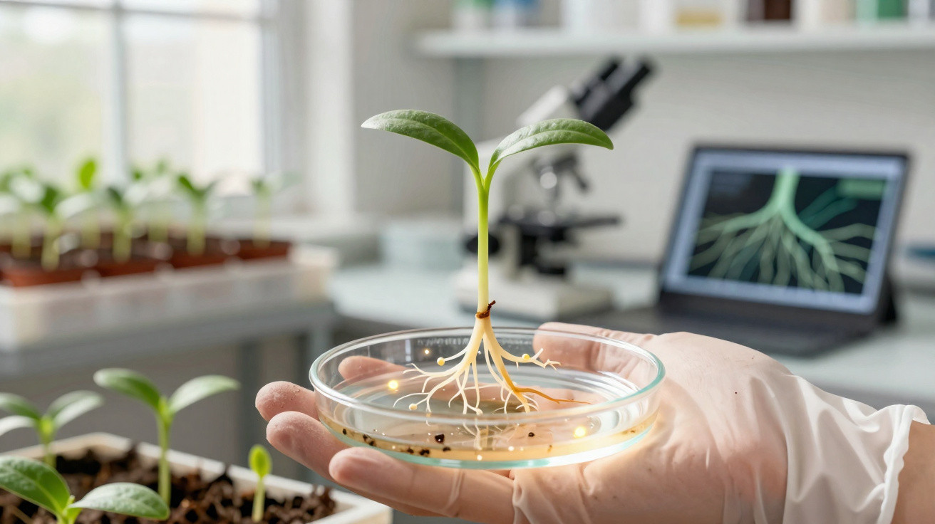Main gantée tenant une jeune plante avec racines visibles en laboratoire de recherche végétale.
