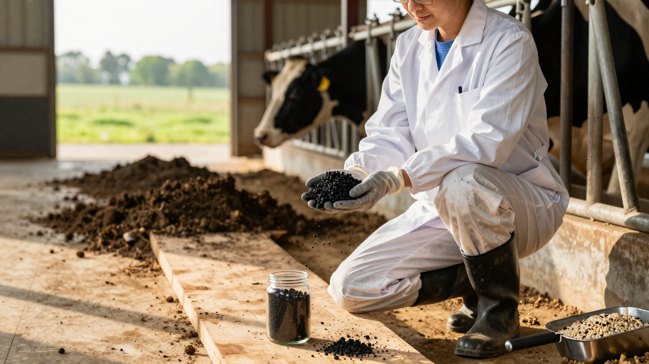 Scientifique en blouse blanche analysant des granulés noirs dans une ferme avec des vaches en arrière-plan.