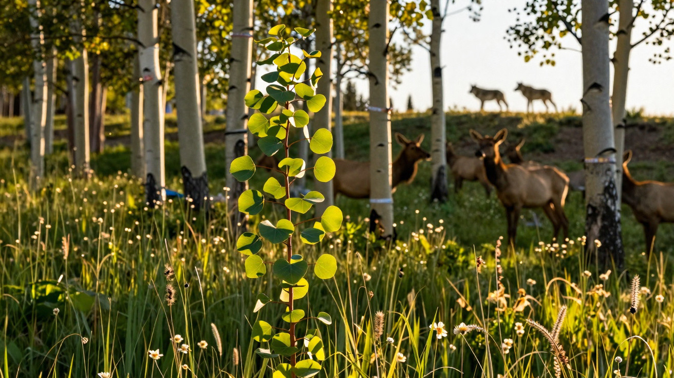 Forêt d'arbres blancs au coucher du soleil avec des wapitis broutant dans une prairie fleurie.