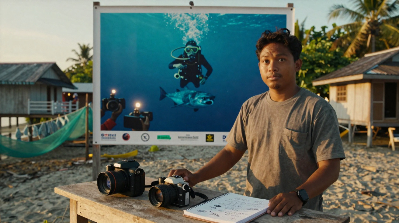 Jeune homme debout sur une plage avec deux appareils photo et un panneau d'une photo de plongée en arrière-plan