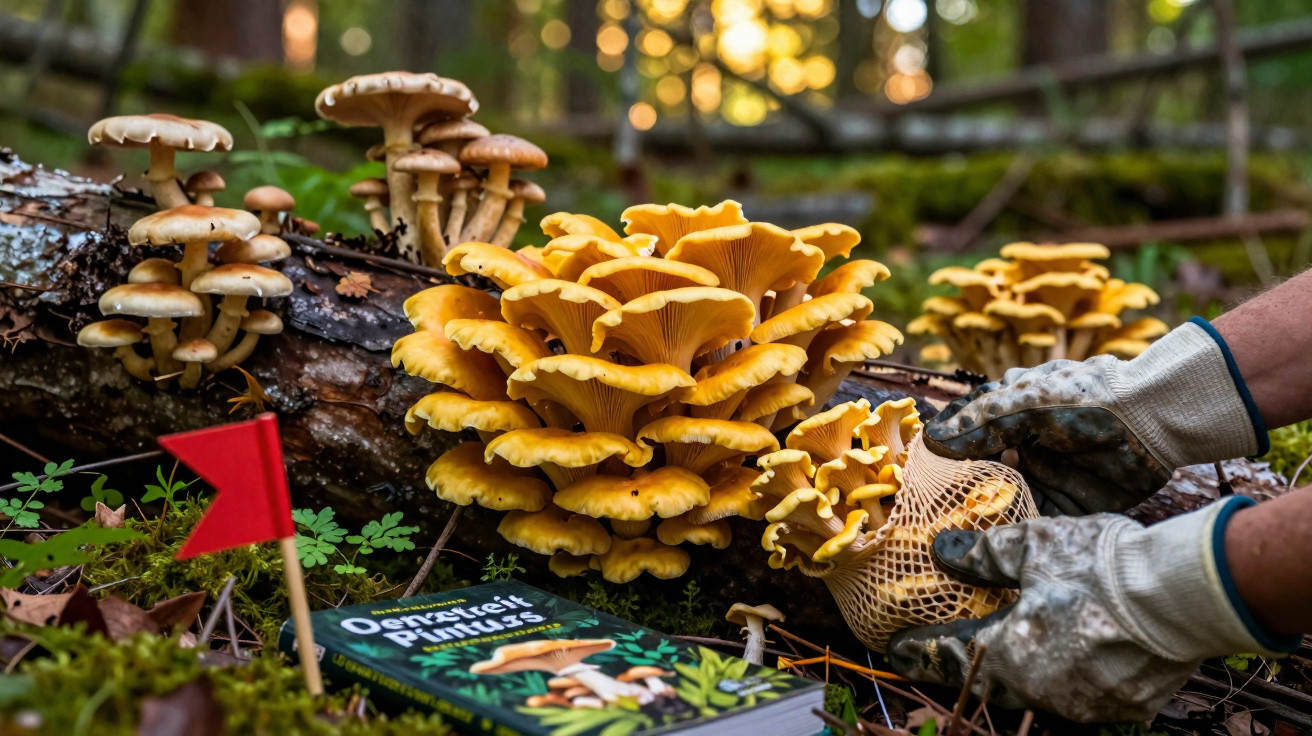 Cueillette de champignons jaunes en forêt avec livre de mycologie et drapeau rouge visible au sol.