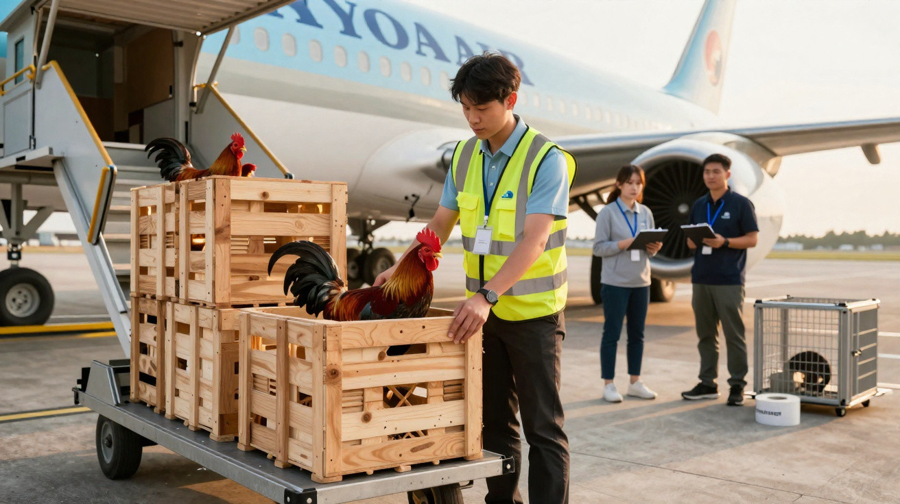 Employé en gilet réfléchissant décharge des caisses en bois avec des coqs à côté d'un avion à l'aéroport.