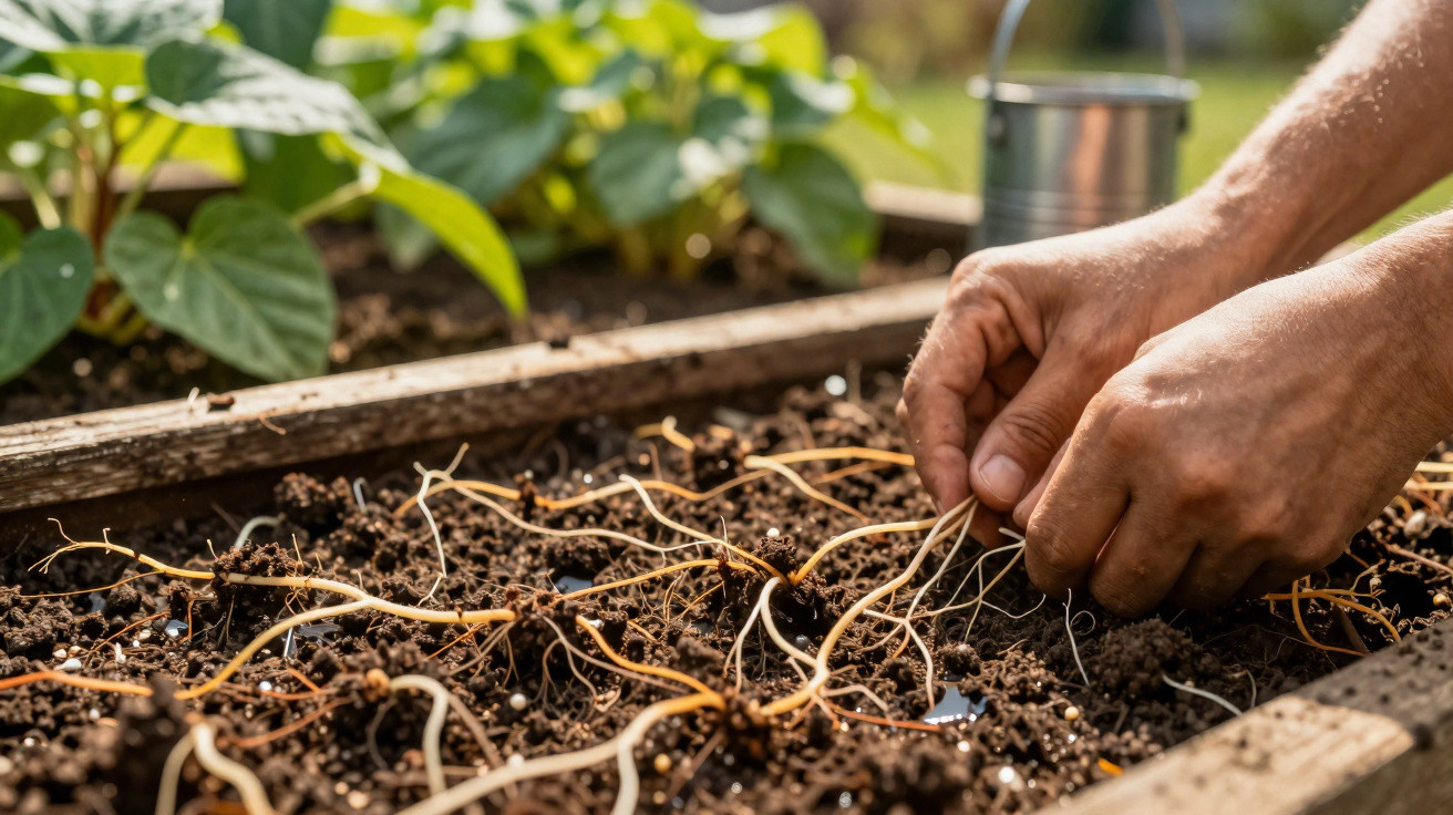 Mains plantant des graines ou bulbes dans un potager ensoleillé avec des jeunes plants verts en arrière-plan.