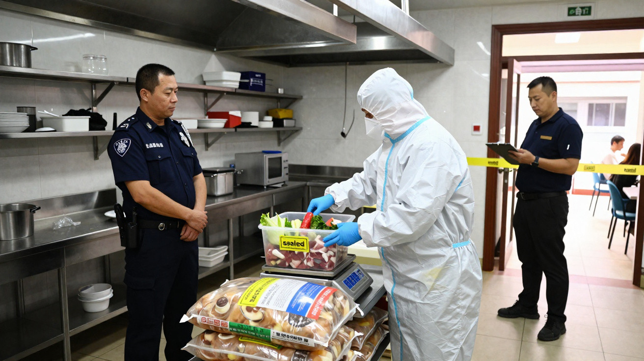 Agent de police surveillant un inspecteur en combinaison hygiénique pesant des légumes dans une cuisine professionnelle.