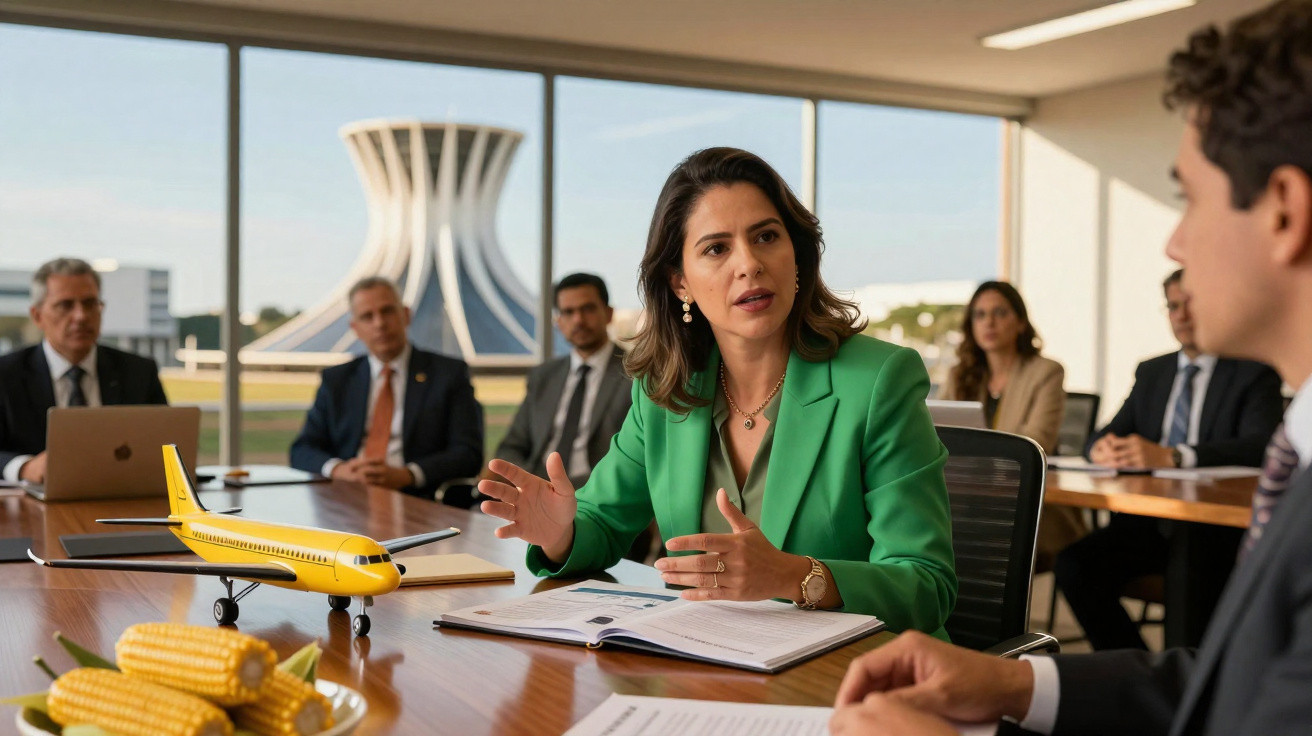 Réunion d'affaires avec une femme en veste verte discutant, maquette d'avion jaune et épis de maïs sur la table.