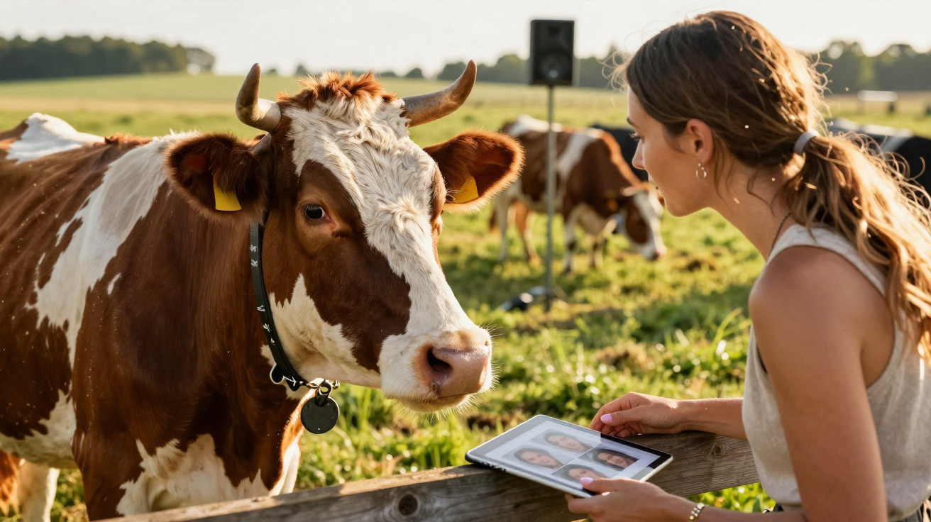 Une femme montre des photos sur une tablette à une vache brune et blanche dans un champ ensoleillé.