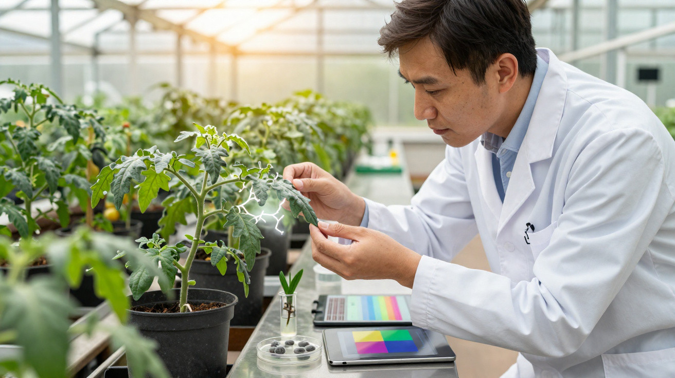 Chercheur en blouse blanche examinant une feuille de plante en pot dans une serre lumineuse.