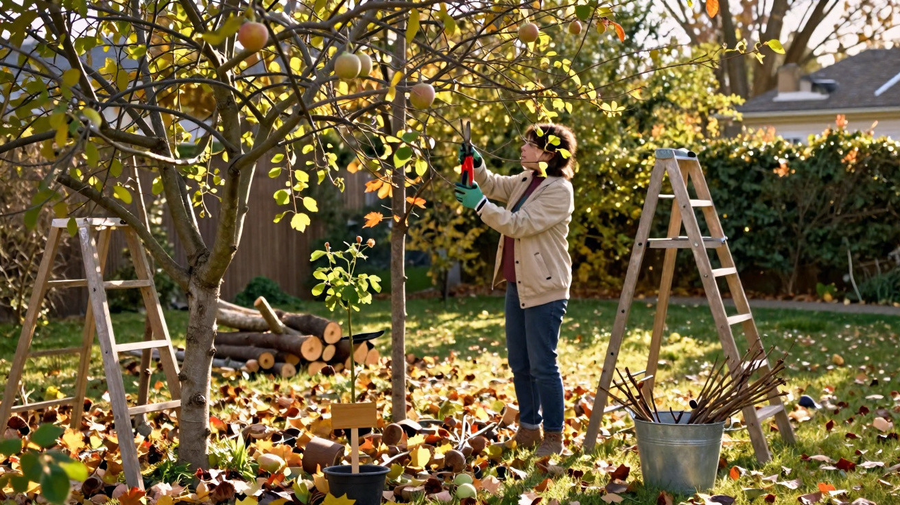 Femme taillant un pommier en automne dans un jardin ensoleillé, entourée de feuilles et outils de jardinage.