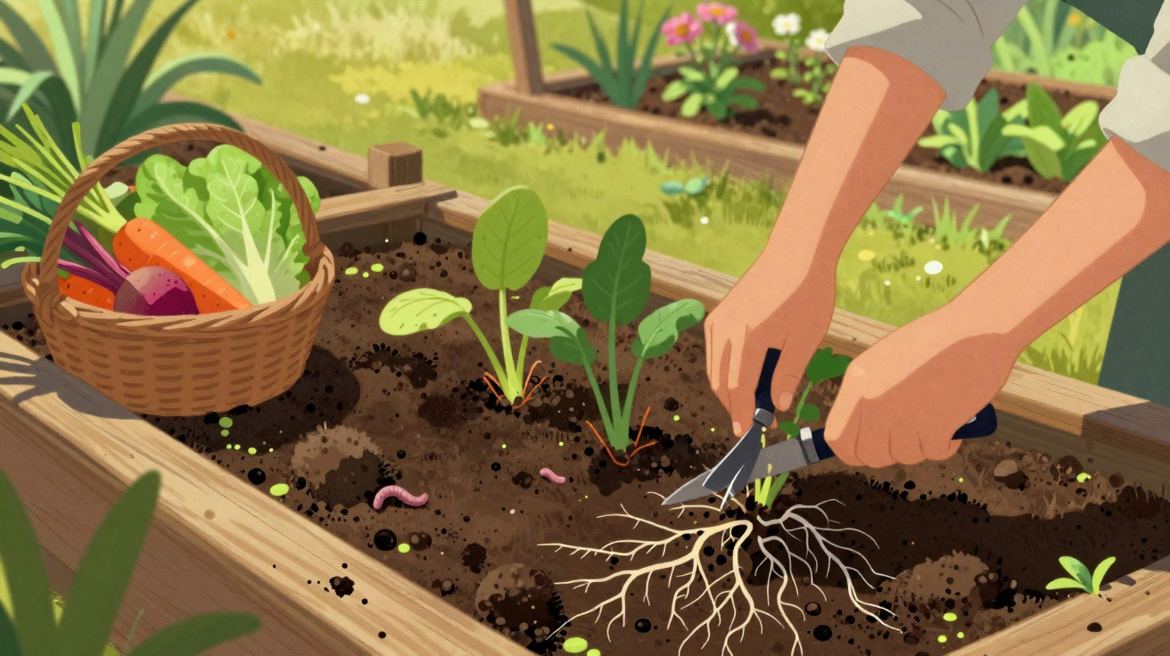 Personne récoltant des légumes avec un sécateur dans un potager en carré, panier plein à côté.