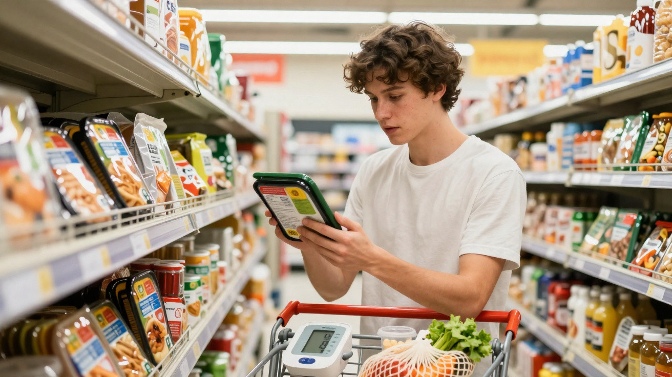 Jeune homme en t-shirt blanc choisissant un produit dans une épicerie avec un chariot rempli de courses.
