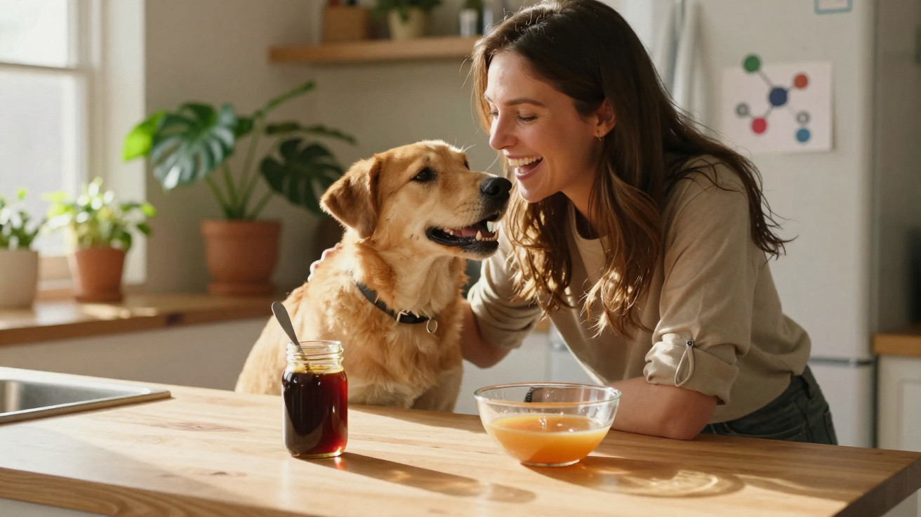 Femme souriante caressant un golden retriever dans une cuisine lumineuse près d'un bol de jus et un pot de miel.