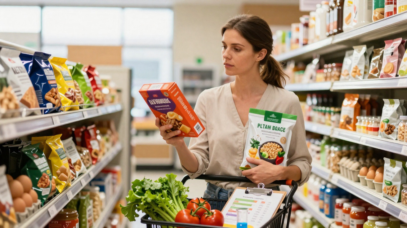 Femme faisant ses courses en supermarché, tenant des paquets de légumineuses, avec un caddie rempli de légumes.