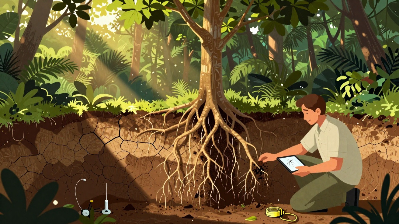 Scientifique étudiant les racines d'un arbre en forêt avec une tablette et des outils de mesure.