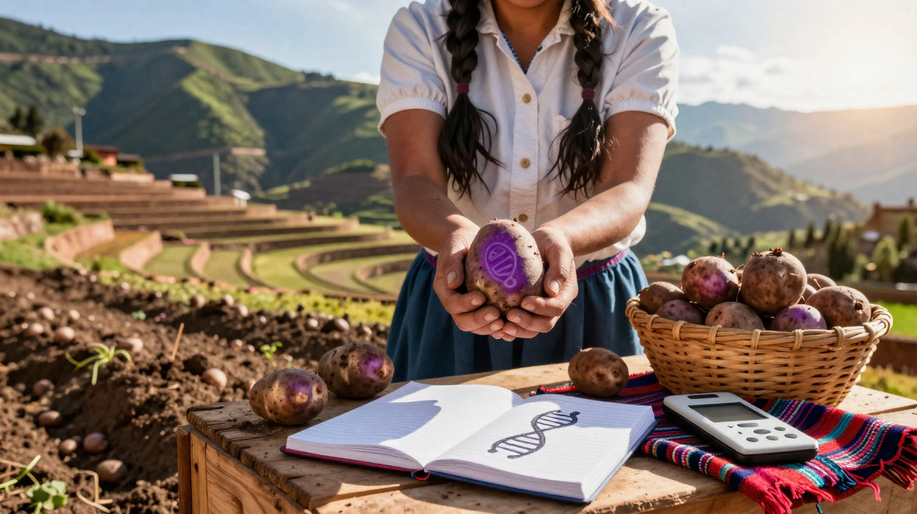 Femme tenant une pomme de terre avec dessin ADN, champ agricole en terrasse en arrière-plan, carnet et panier de pommes de te