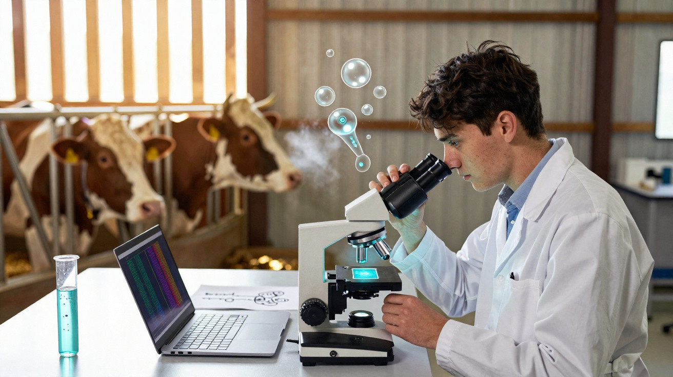 Jeune scientifique observant au microscope dans une ferme avec des vaches en arrière-plan.