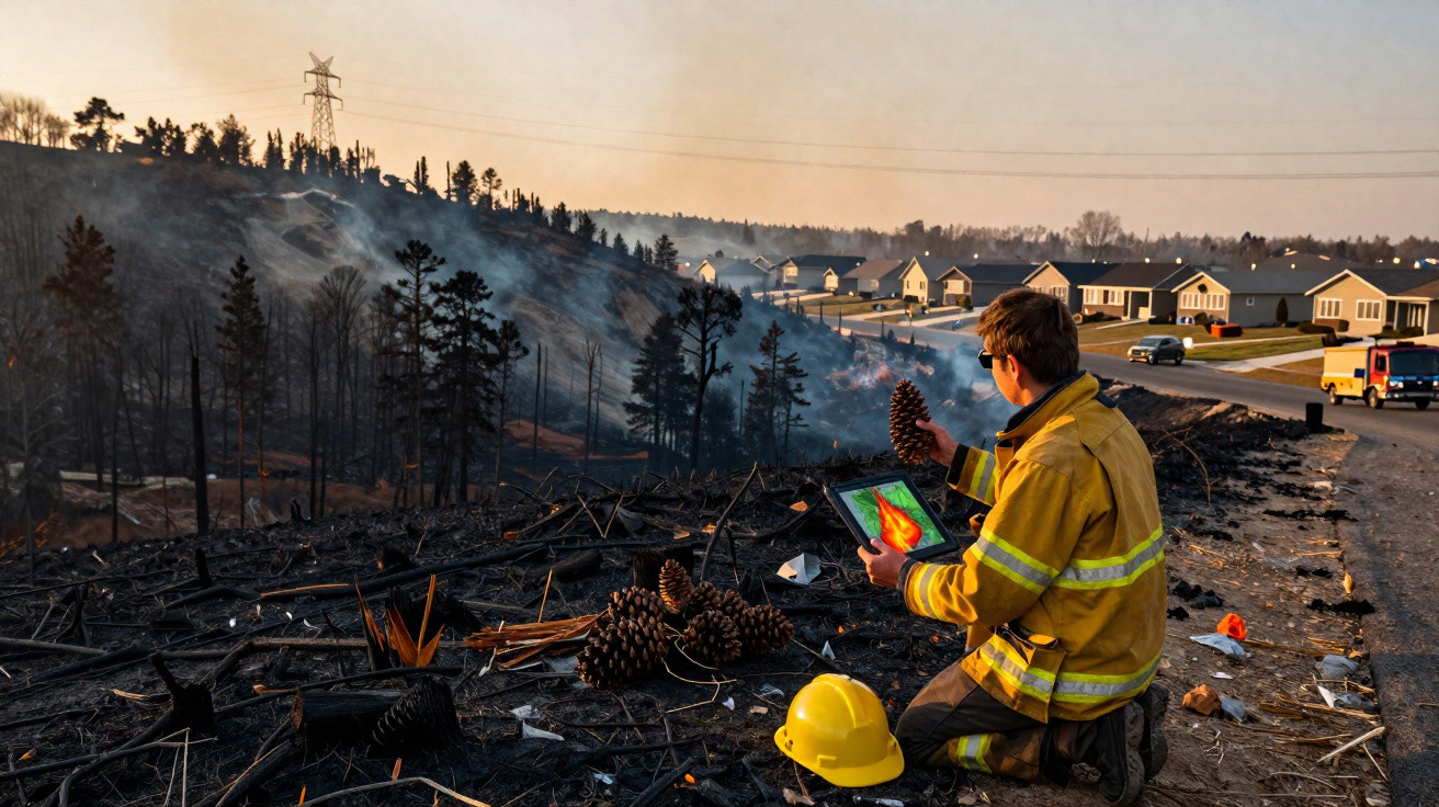 Un pompier en veste jaune analyse une carte thermique dans une zone dévastée par un incendie proche d'une ville.