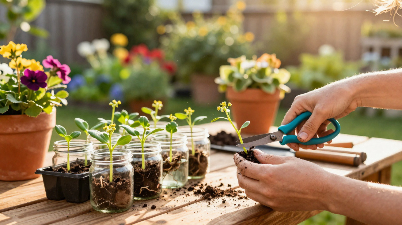 Personne coupant une jeune plante dans un pot, avec des pousses en pots et bocaux sur une table en bois.