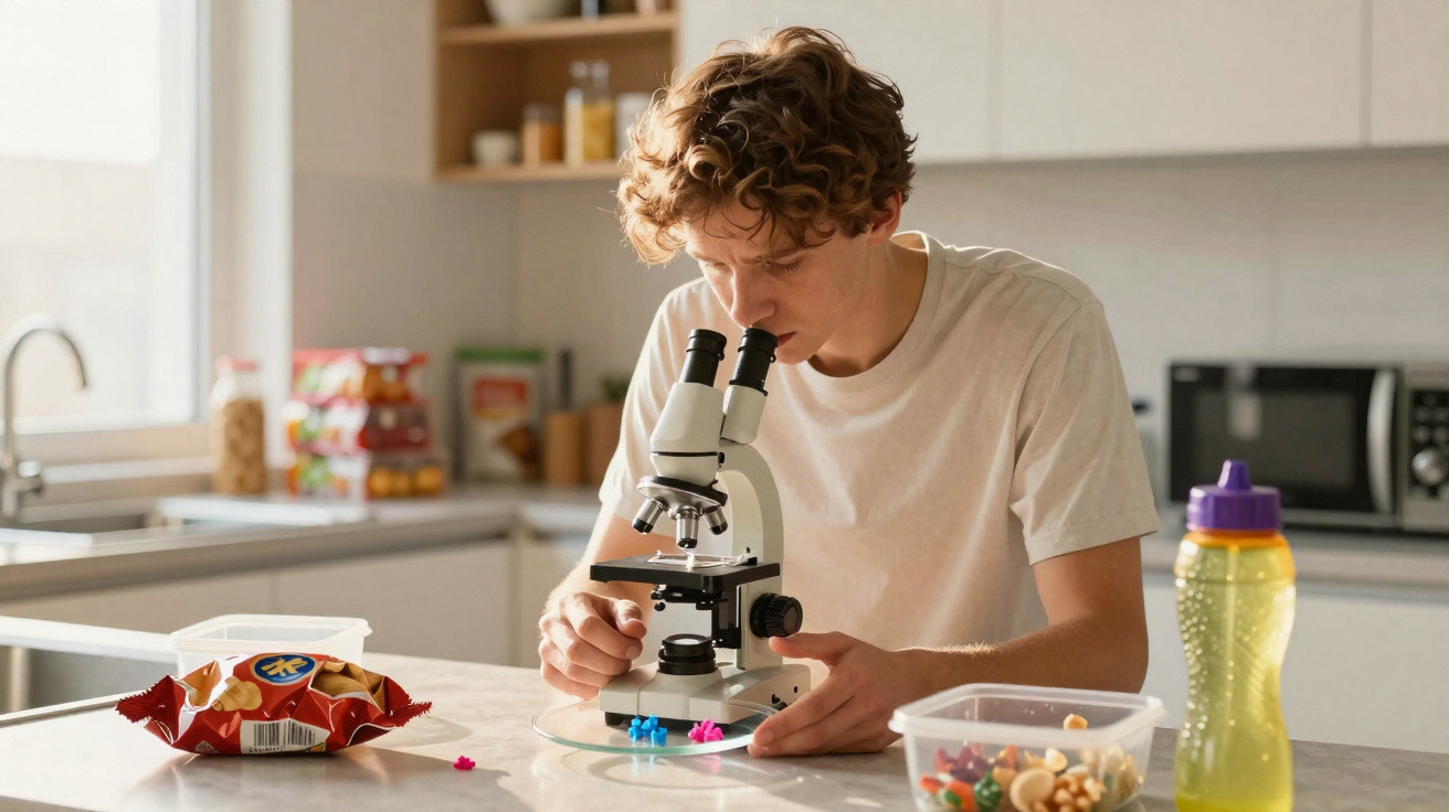 Jeune homme regardant au microscope des objets colorés sur une table de cuisine lumineuse.