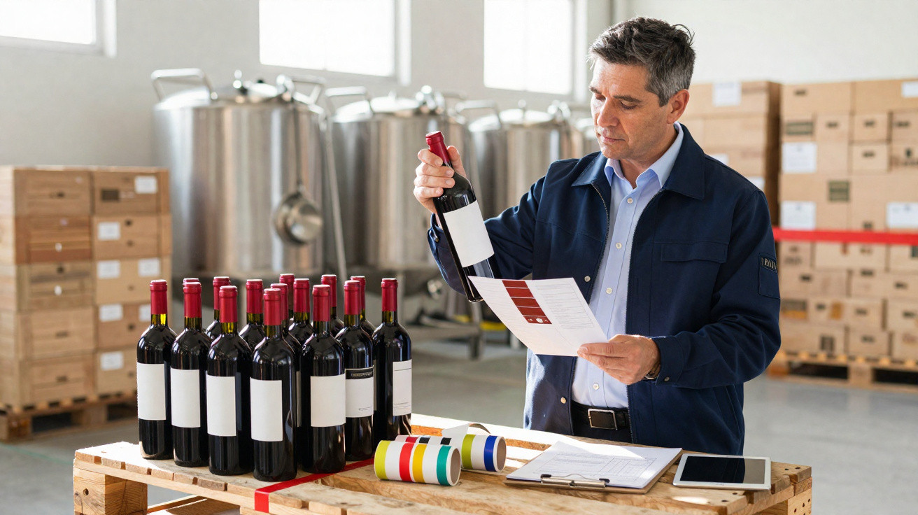 Homme inspectant une bouteille de vin avec fiche descriptive dans un entrepôt de production vinicole.