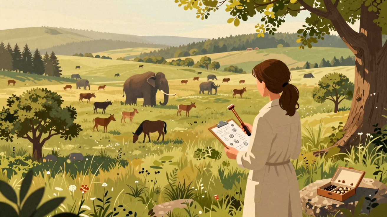 Une femme en blouse observe et note des animaux sauvages dont des éléphants dans une prairie verdoyante.