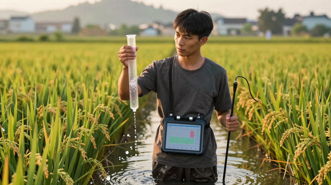 Jeune homme effectuant un test d'eau dans un champ de riz inondé, équipé d'un appareil de mesure électronique.