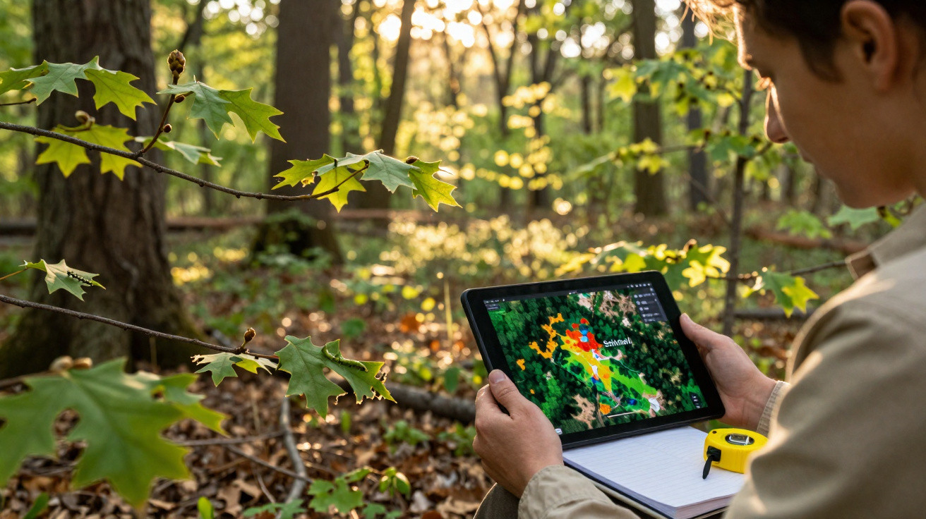 Personne en forêt utilisant une tablette avec une carte topographique et une mètre-ruban jaune à côté.